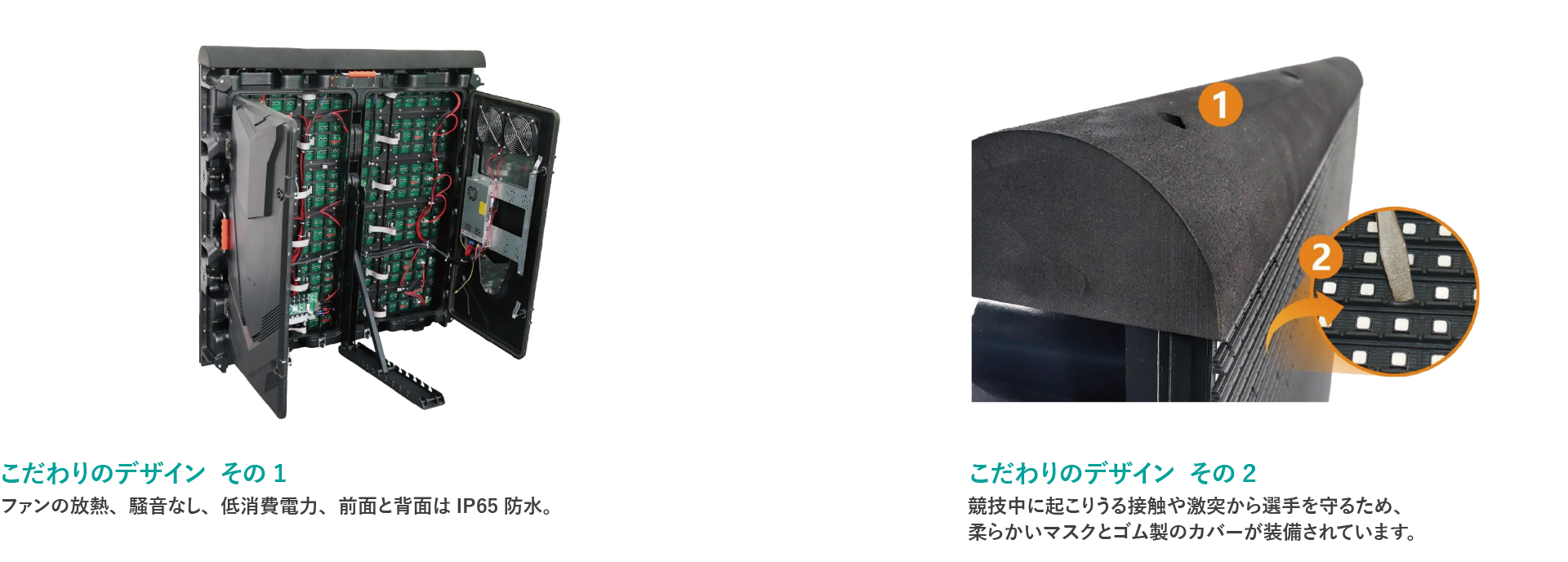 デジタルサイネージ製品P7シリーズの特徴。防水性、放熱、消音、怪我防止のデザイン