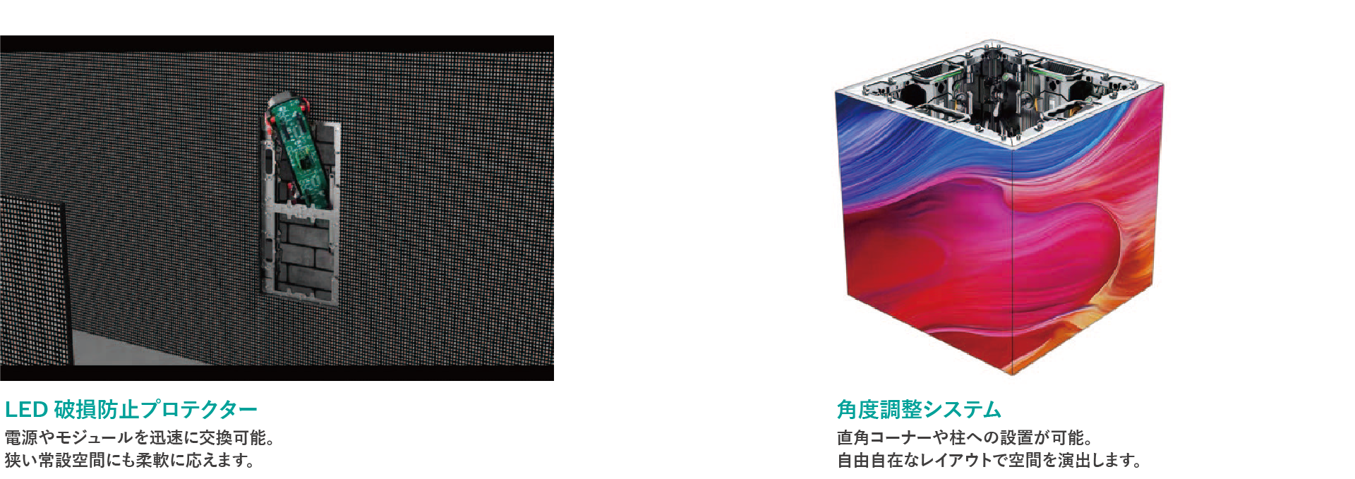 デジタルサイネージ製品R-Nシリーズの特徴。LED破損防止と角度調整